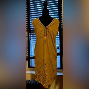 IN STYLE Tan Bohemian Shift Knee Length Dress Beaded Cutout V-Neck